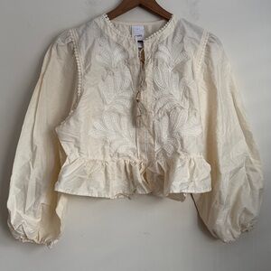 Ethnc cream embroidery blouse tassel ruffle long balloon sleeve peasant cottage